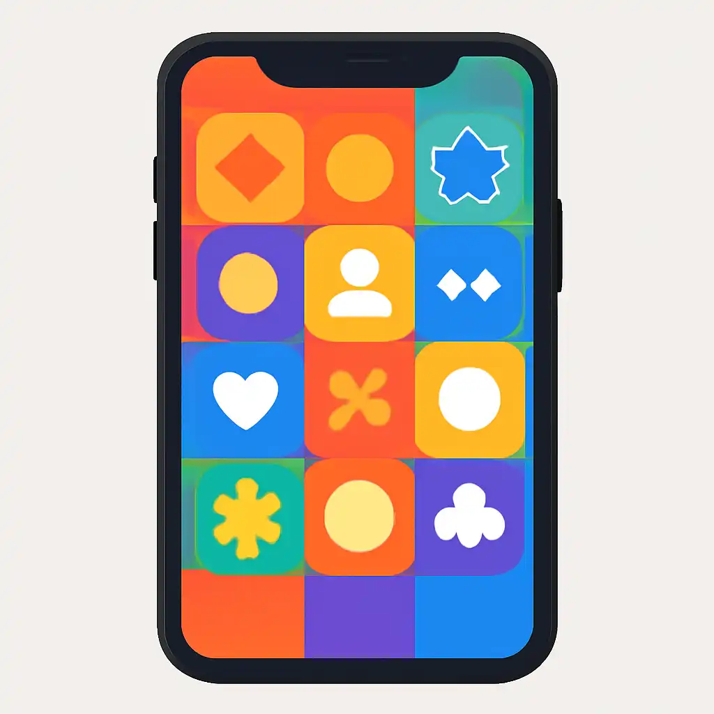 Smartphone shown from the front displaying a colourful flat layout of abstract game icons and rounded tiles (no text, no letters, no labels), 91 Club