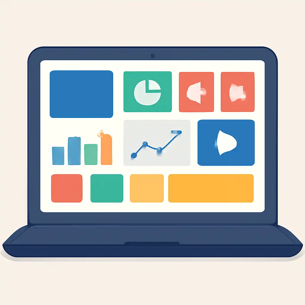 Laptop shown from the front displaying a colourful flat dashboard of abstract charts, bars and icon tiles (no text, no letters, no labels), 91 Club