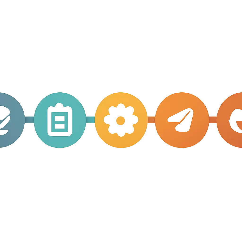 Five numbered circular icons connected by arrows in a horizontal flow, flat illustration, icons only, no words, 91 Club steps
